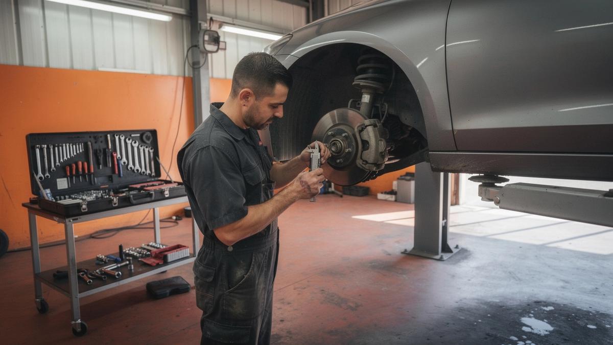 Technician measuring brake disc thickness on a lifted car in a service bay